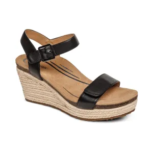 Aetrex Sydney Wedge Sandal Black Leather Women's