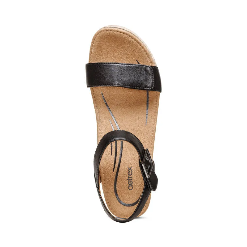 Aetrex Sydney Wedge Sandal Black Leather Women's