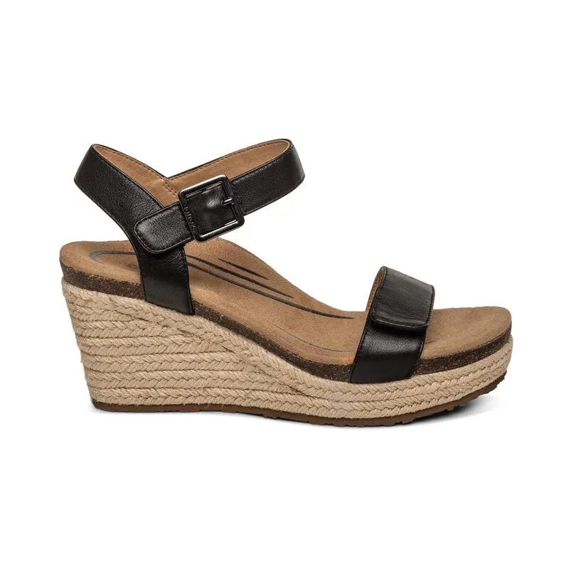 Aetrex Sydney Wedge Sandal Black Leather Women's