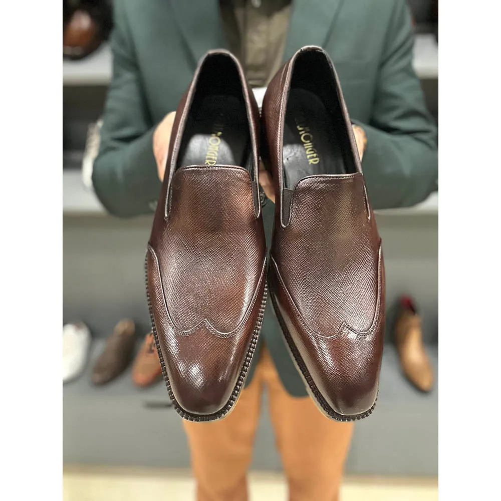 Brown Goodyear Welted Hatchgrain Wingtip Loafers With Fiddle Back Sole & Metal Toe