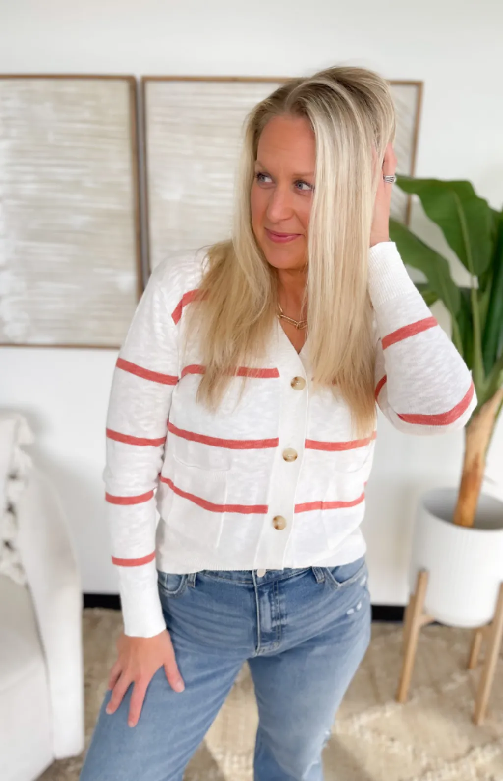 Ivory/Pink Striped Lightweight Knit Cardigan