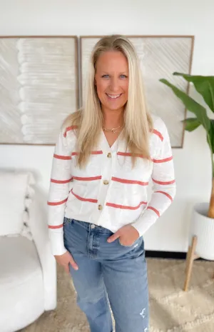 Ivory/Pink Striped Lightweight Knit Cardigan