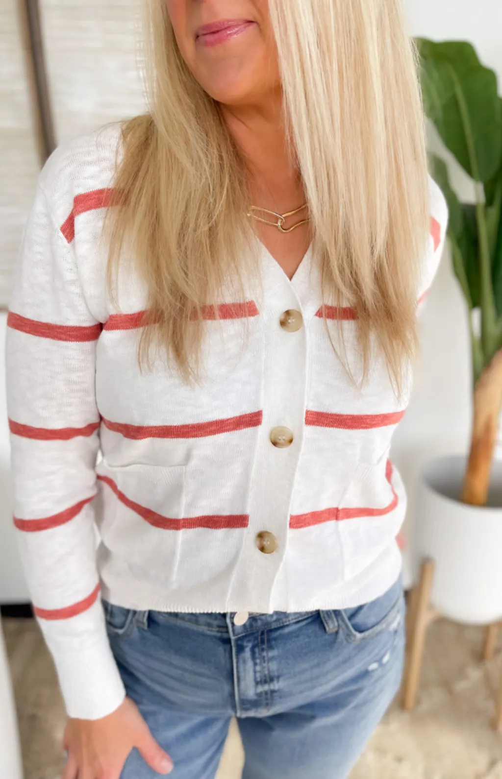 Ivory/Pink Striped Lightweight Knit Cardigan