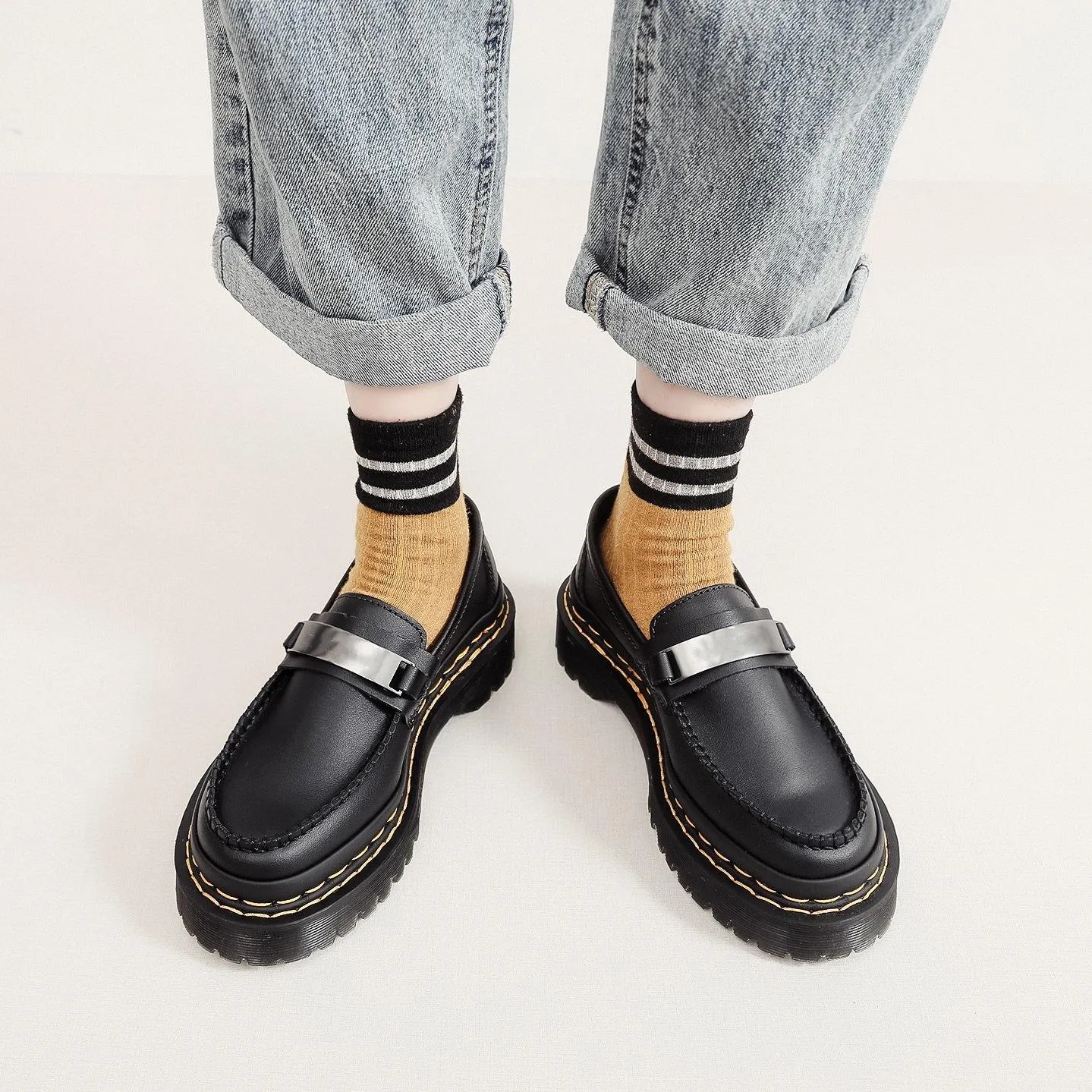 PEOPLETERRITORY Aberdeen loafers nameplate iron plate women's double yellow line leather low-top small leather shoes British style fashion student leisure