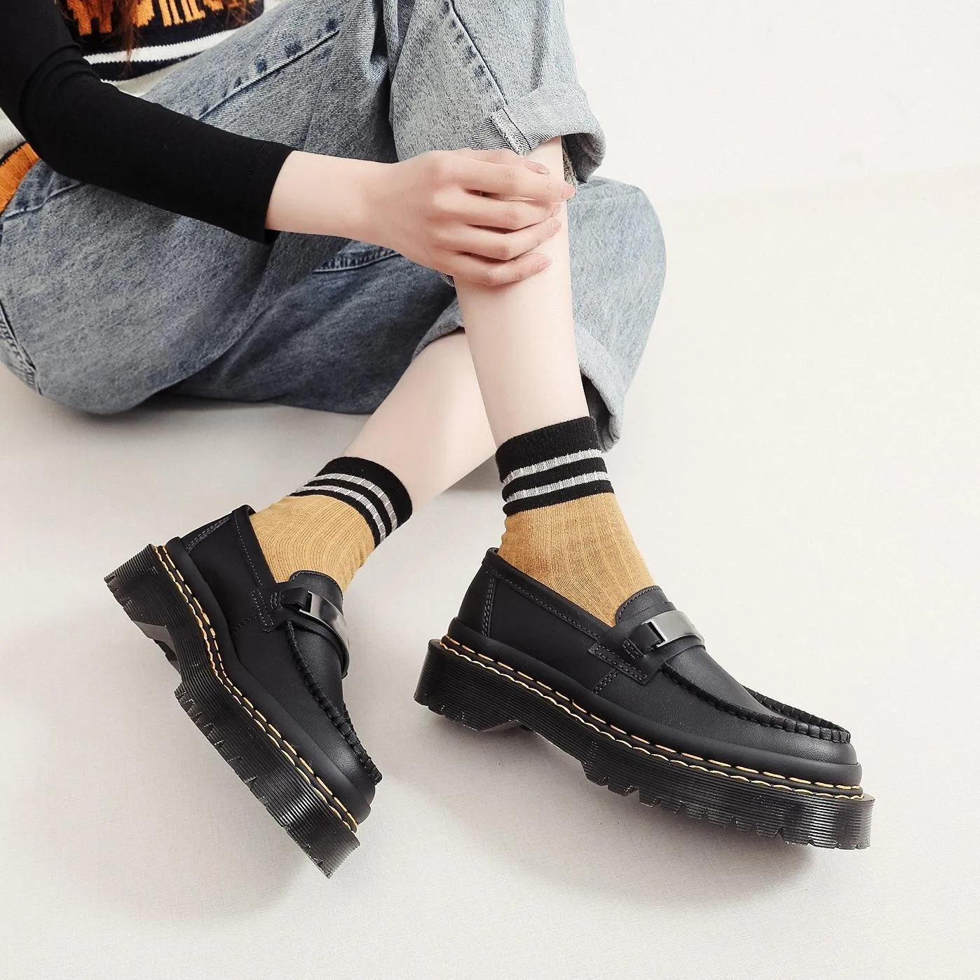 PEOPLETERRITORY Aberdeen loafers nameplate iron plate women's double yellow line leather low-top small leather shoes British style fashion student leisure