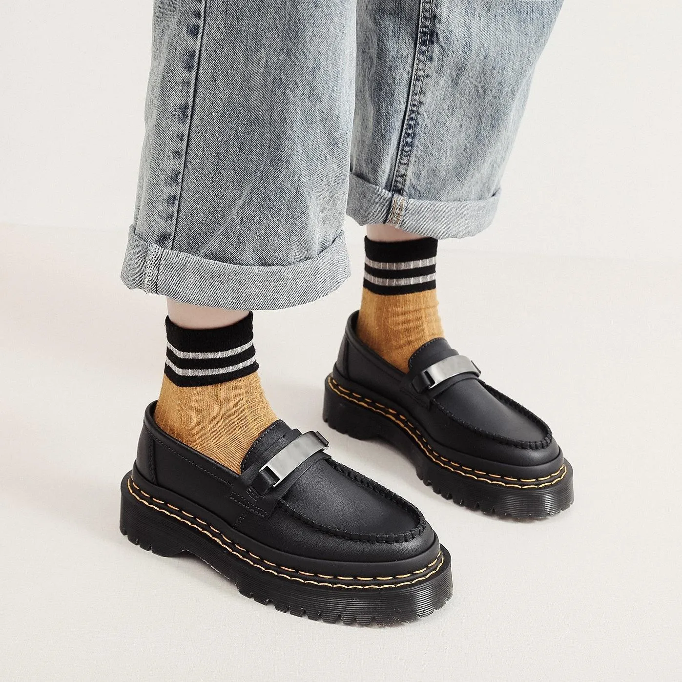 PEOPLETERRITORY Aberdeen loafers nameplate iron plate women's double yellow line leather low-top small leather shoes British style fashion student leisure