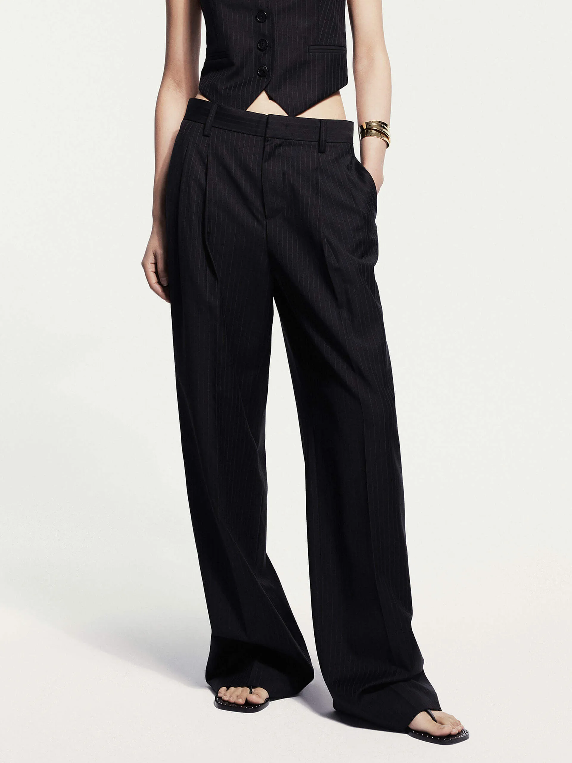 Pinstriped Wool Blend Pants