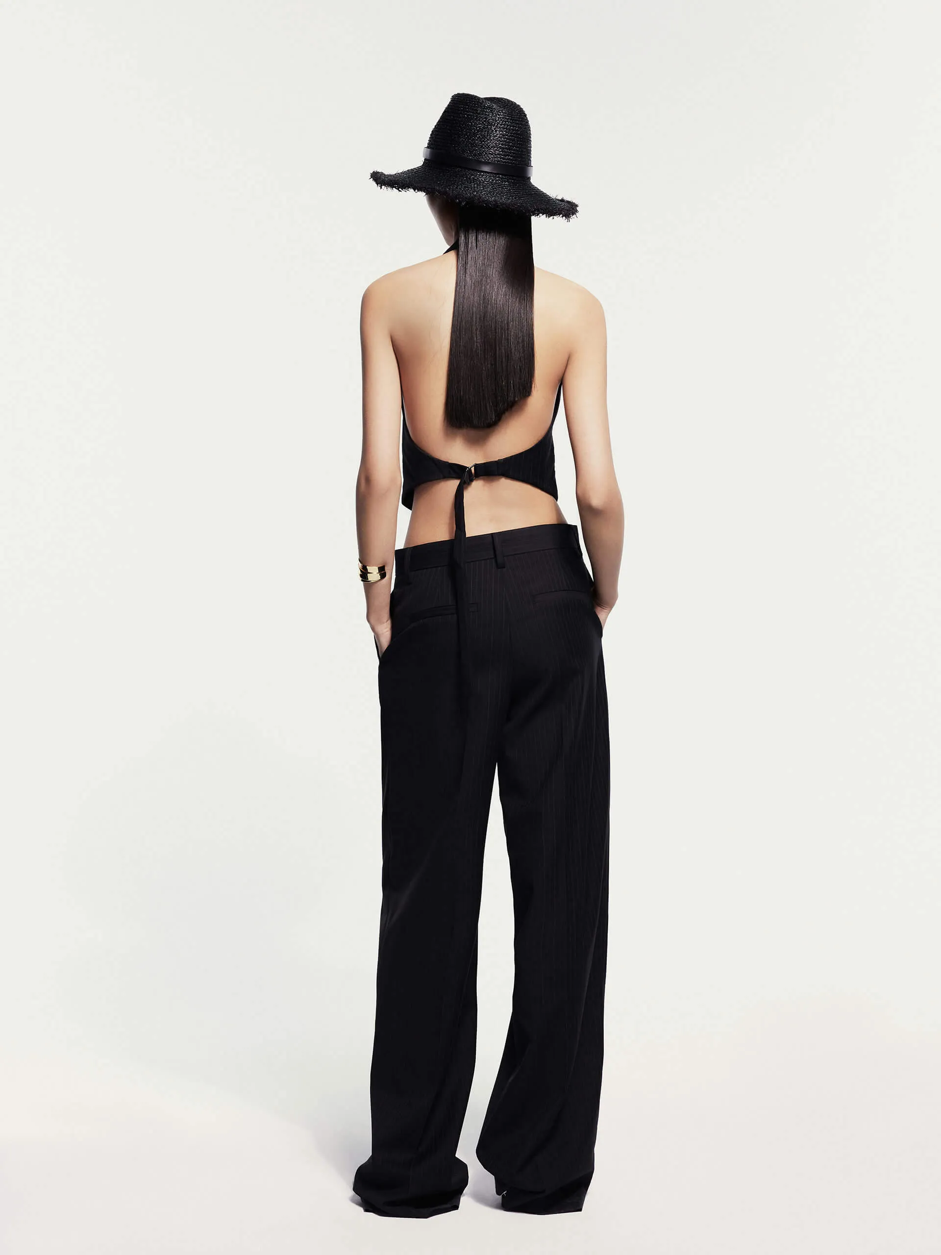 Pinstriped Wool Blend Pants