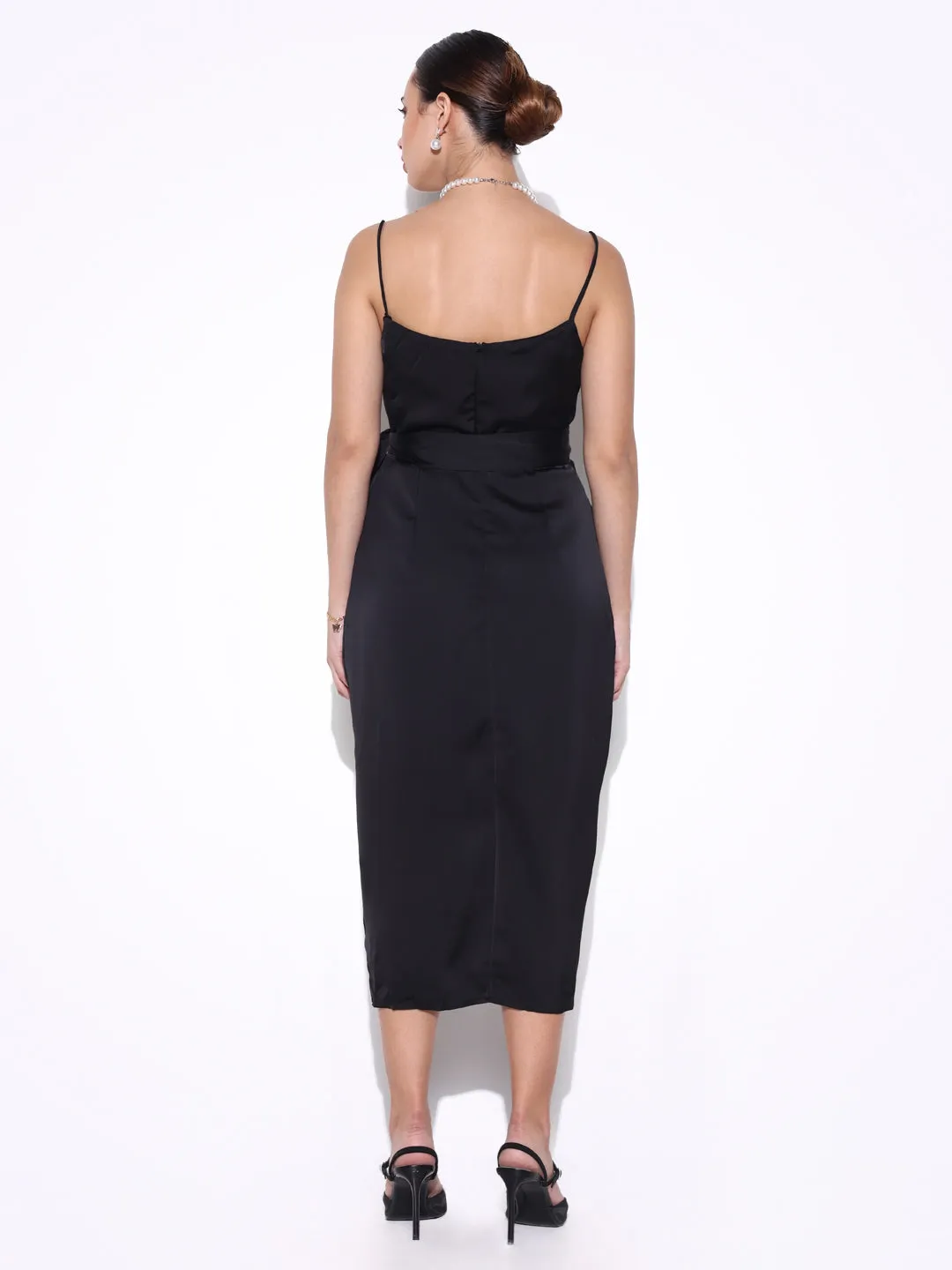 SHOWOFFFF Edition Women's Black Cowl Neck Satin Slip On Draped Dress
