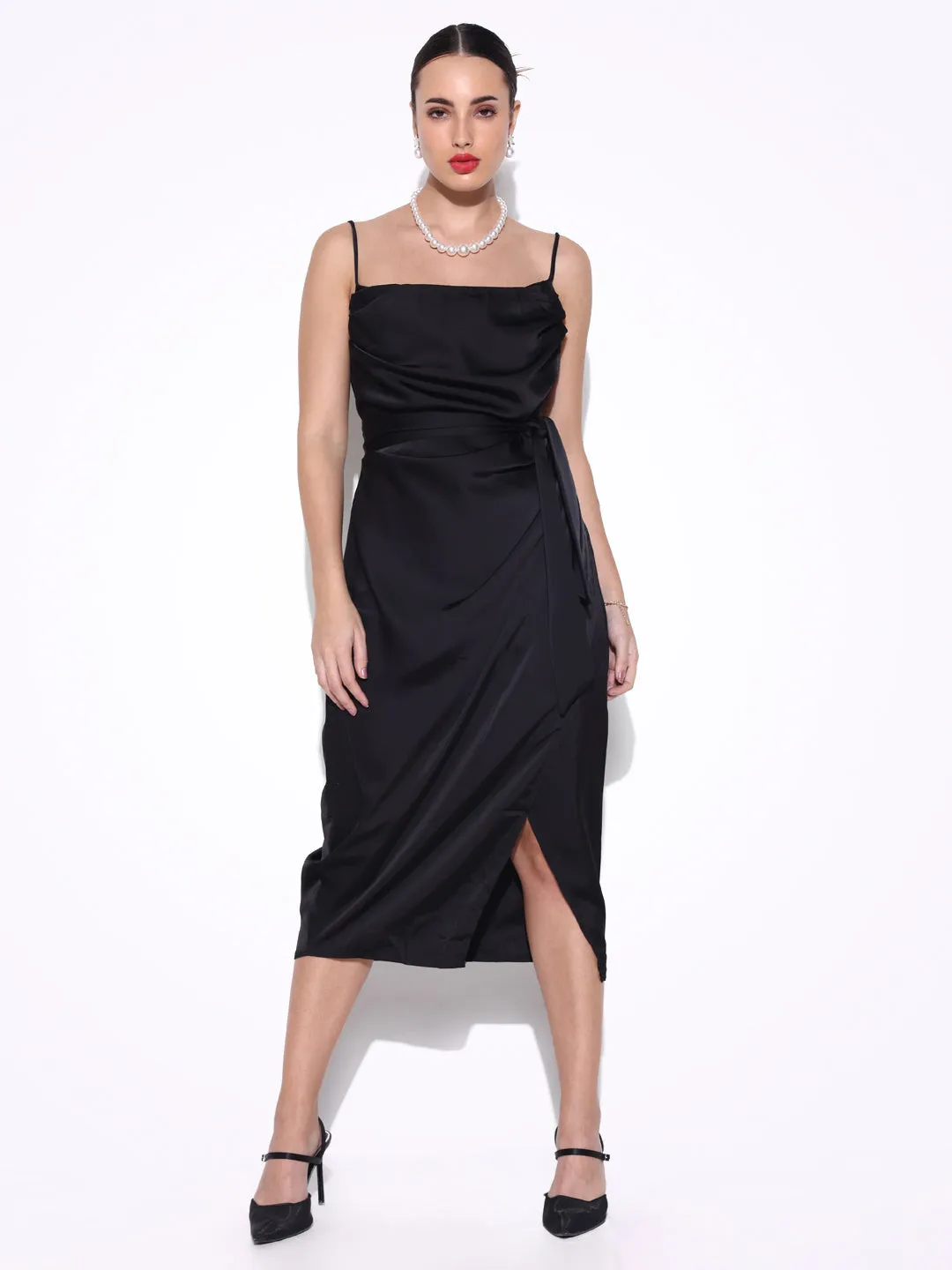 SHOWOFFFF Edition Women's Black Cowl Neck Satin Slip On Draped Dress