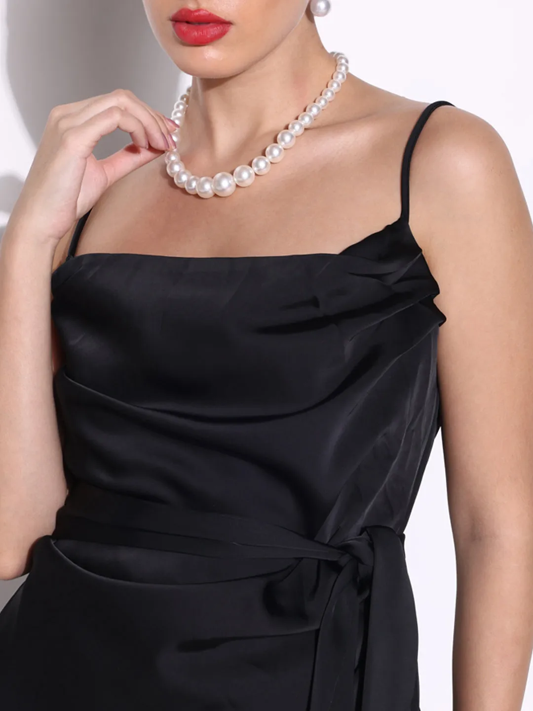 SHOWOFFFF Edition Women's Black Cowl Neck Satin Slip On Draped Dress
