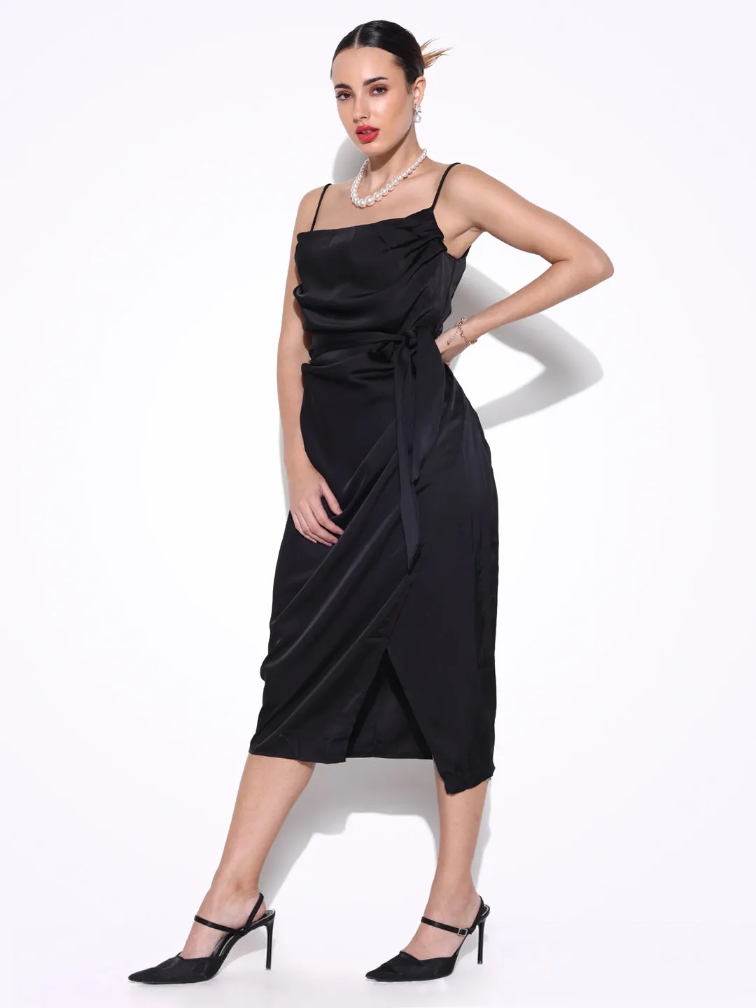 SHOWOFFFF Edition Women's Black Cowl Neck Satin Slip On Draped Dress