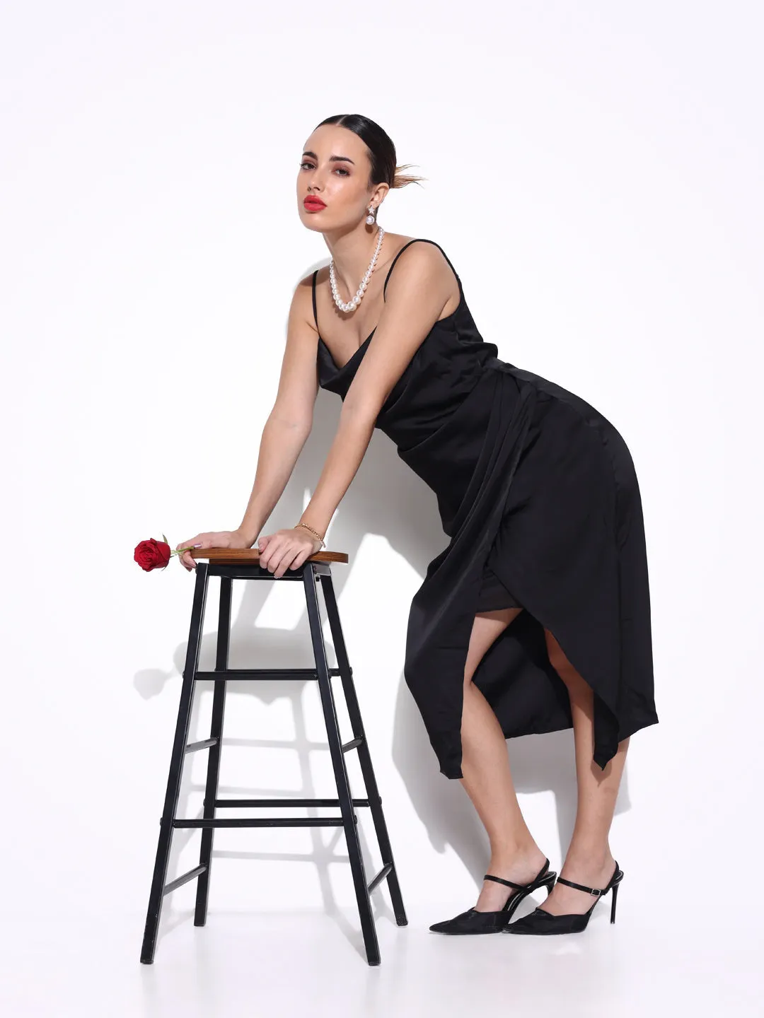 SHOWOFFFF Edition Women's Black Cowl Neck Satin Slip On Draped Dress