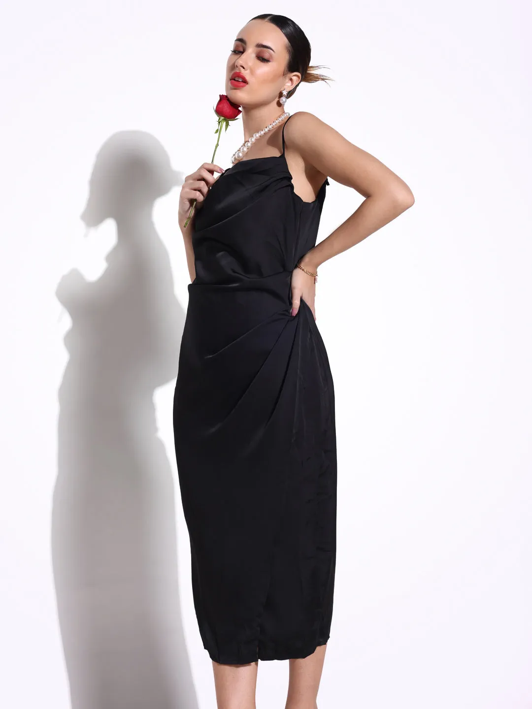 SHOWOFFFF Edition Women's Black Cowl Neck Satin Slip On Draped Dress