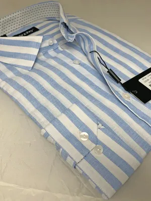 Spazio White & Light Blue Thick Vertical Stripe Linen Long Sleeve Button Up Shirt