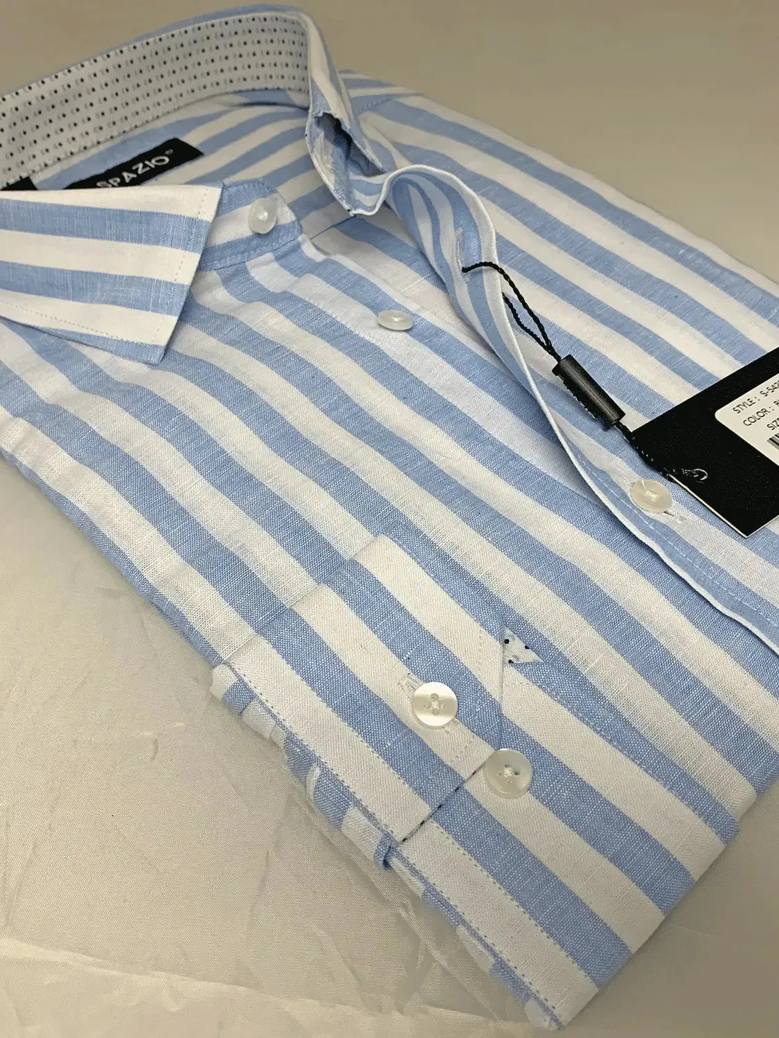 Spazio White & Light Blue Thick Vertical Stripe Linen Long Sleeve Button Up Shirt