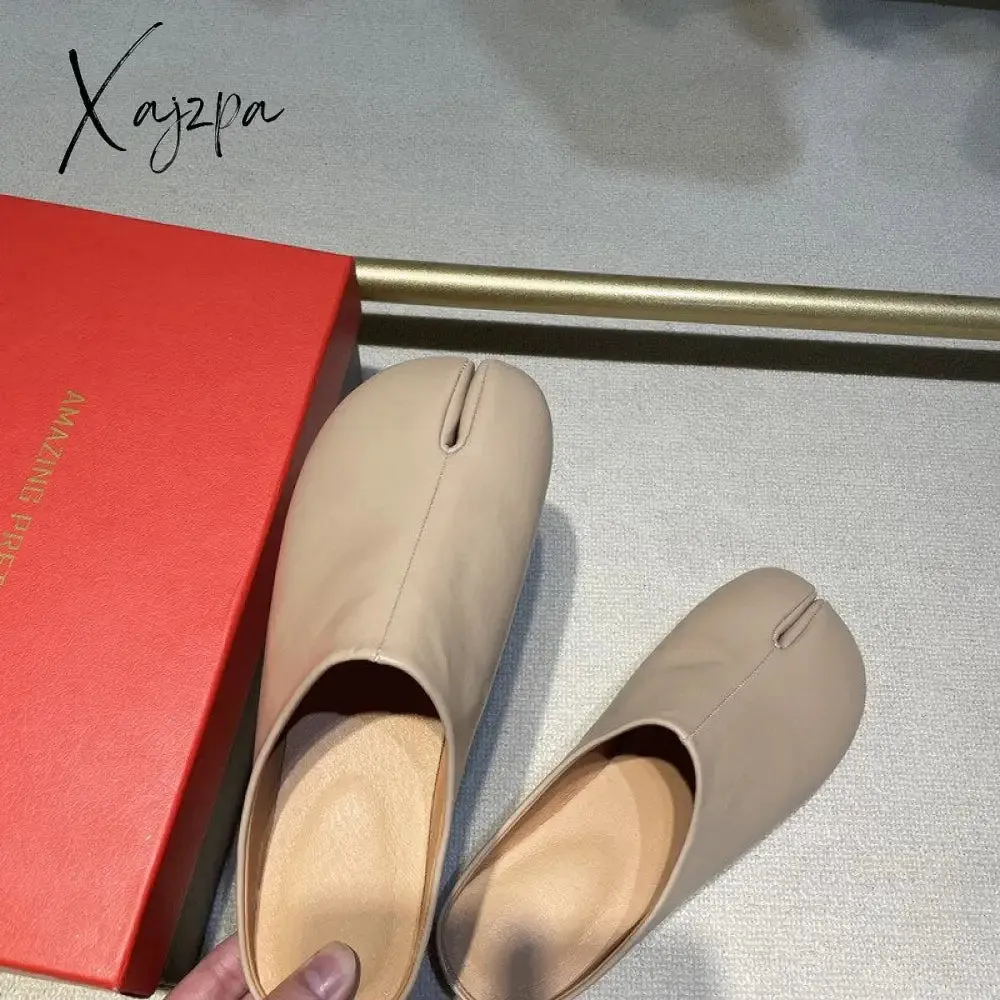 Xajzpa - Novelty Split Toe Shoes Woman Ninja Tabi Slippers Leather Round Toe Slides Comfy Mules Femmes Clog Sandals Pettitoes Flipflops